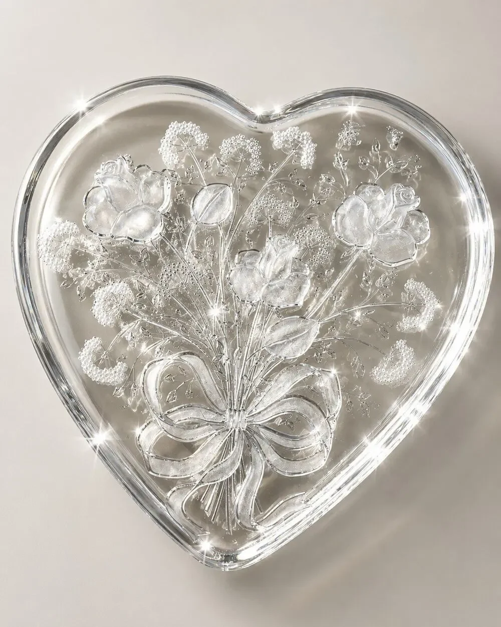 Large Heart Shaped Frosted Rose Glass Platter 13